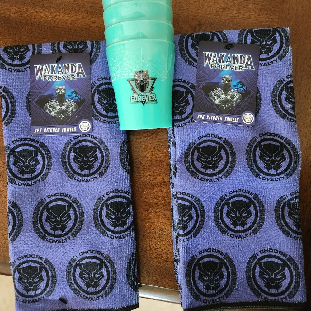 Wakanda Forever kitchen towels and cups